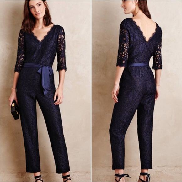 Anthropologie Pants - Anthropologie Elevenses Navy Lace Jumpsuit Size 2